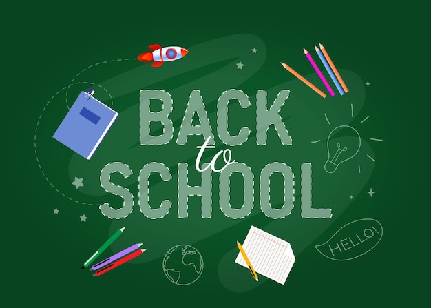 Texto de regreso a la escuela en el fondo de una pizarra verde de la escuela Ilustración vectorial