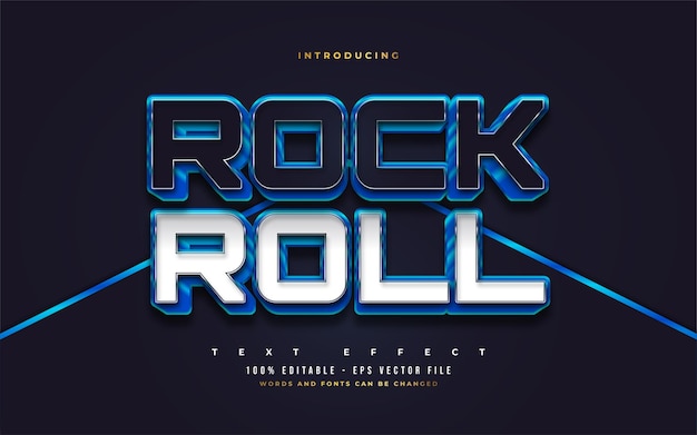 Texto de rock and roll en azul, blanco y negro con efecto de relieve 3D. Efectos de estilo de texto editables