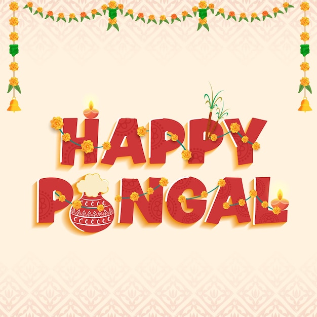 Texto rojo de Happy Pongal con plato tradicional en olla de barro, caña de azúcar, lámparas de aceite encendidas (Diya) y Toran sobre fondo de patrón de rombo floral beige.