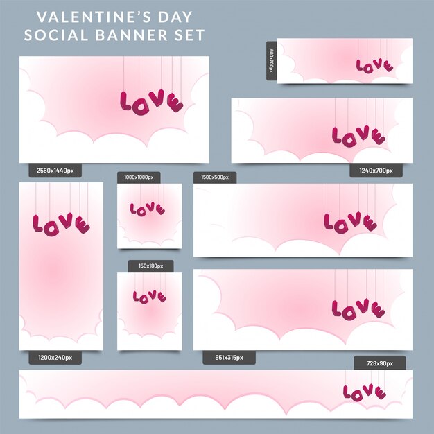 Texto rosa AMOR colgando en conjunto de banner social.