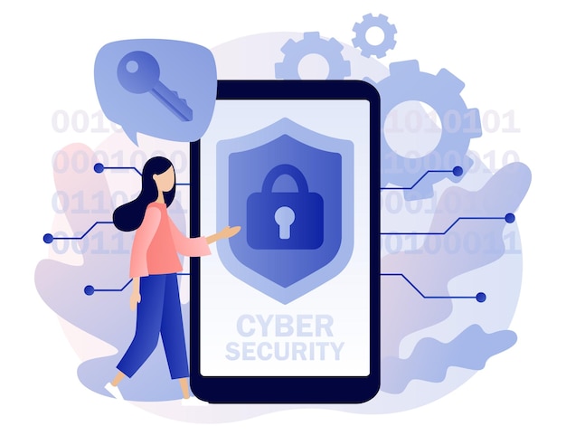 Texto de seguridad cibernética en la pantalla del teléfono inteligente Seguridad de la red global Protección de datos Mujer pequeña