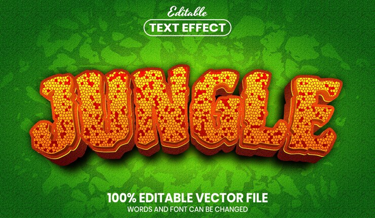 Vector texto de la selva, efecto de texto editable de estilo de fuente