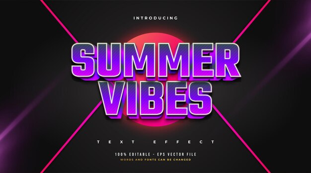 Texto Summer Vibes en negrita morado con efecto de relieve 3D. Efecto de estilo de texto editable