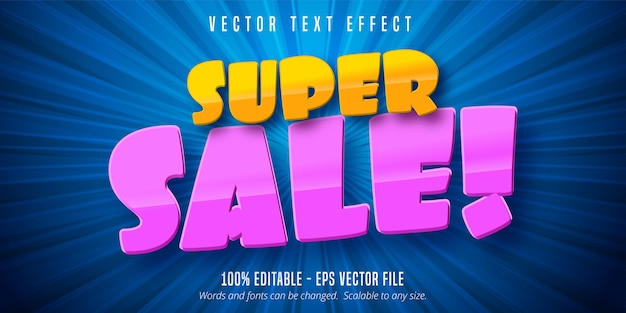 Vector texto de super venta, efecto de texto editable de estilo de dibujos animados