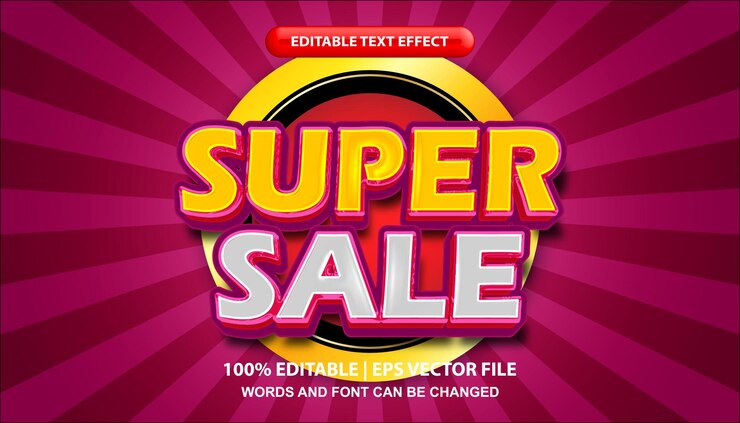 Vector texto de súper venta, plantilla de efecto de texto editable, fuente en negrita 3d adecuada para la promoción de negocios en línea