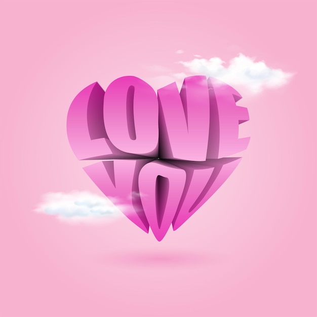texto te amo. Letras rosas realistas de estilo 3d con forma de corazón y decoración de nubes.