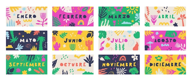Texto en traducción al español Enero Febrero Marzo Abril Mayo Junio Julio Agosto Septiembre Octubre Noviembre Diciembre Conjunto de pancartas de fondos coloridos de la flora del doodle Vector