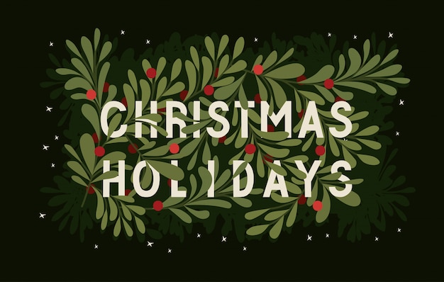 Texto de vacaciones de Navidad con fondo de hojas