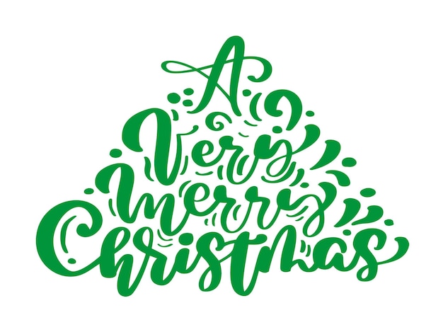 Un texto de vector de letras de caligrafía vintage verde muy feliz Navidad en forma de abeto