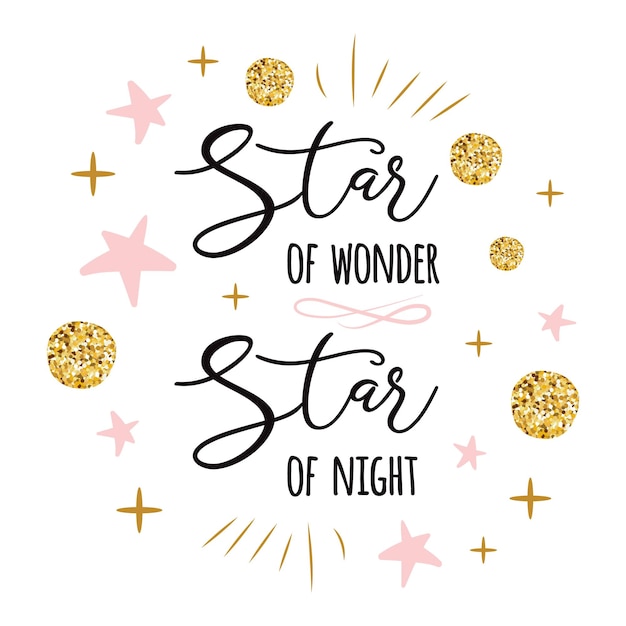 Vector texto vectorial estrella de la maravilla estrella de la noche lindo cartel de navidad con estrellas doradas lindas de colores rosa dorado cita de año nuevo con elementos decorativos dorados frase para etiquetas de invitación de banner impresas