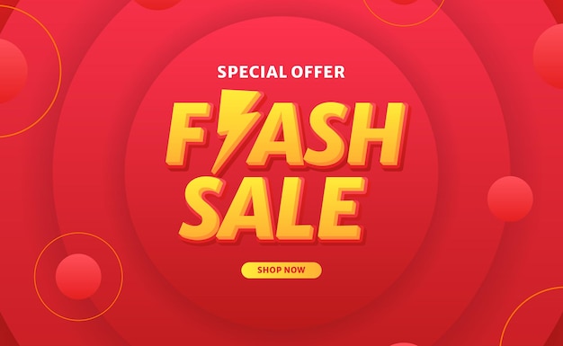 Texto de venta flash 3d oferta de venta cartel de banner de promoción de descuento compras con fondo de círculo rojo