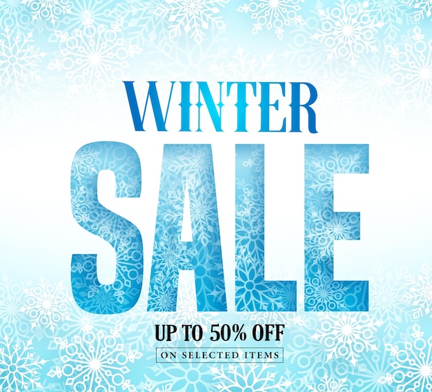 Texto de venta de invierno con patrón de nieve y copos de nieve blancos en fondo azul