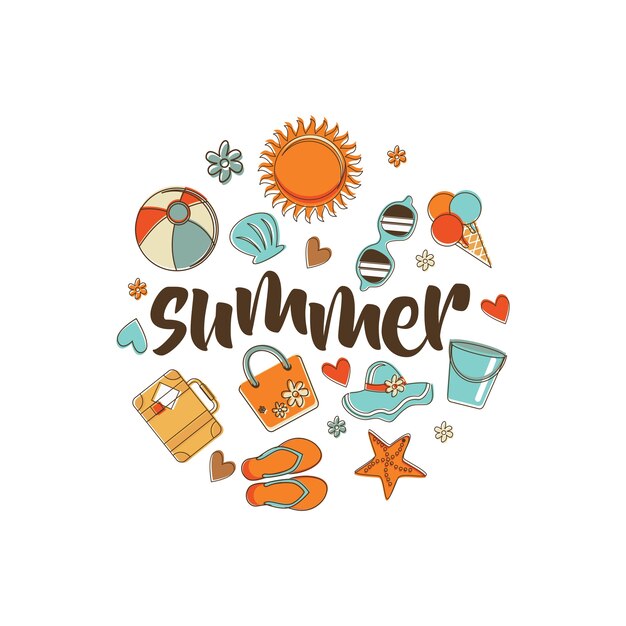 texto de verano con conjunto de iconos