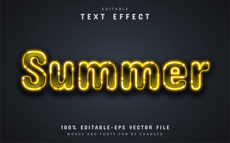 Vector texto de verano, efecto de texto de neón amarillo.