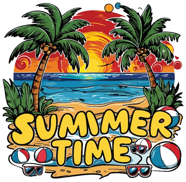 Texto de verano en estilo moderno árbol de palma decoración de playa de mar ilustración vectorial de verano