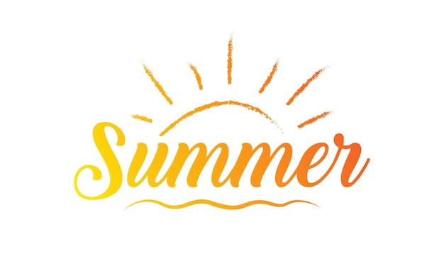Texto de verano con letras dibujadas a mano por el sol y ilustración vectorial de verano y sol