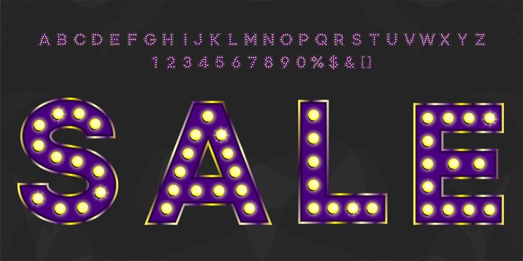 Vector texto vintage de venta púrpura 2021 con alfabeto y números tipo de letra de letras violeta neón para fiesta retro
