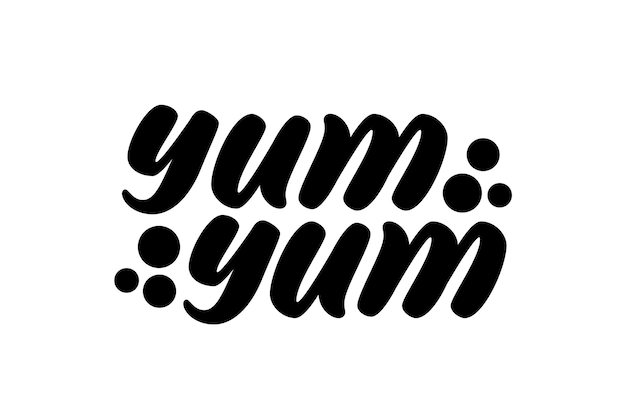 Texto de Yum Yum. Estilo de letras dibujadas a mano de dibujos animados. Texto gráfico del doodle para el diseño de impresión. Inscripción de caligrafía deliciosa.