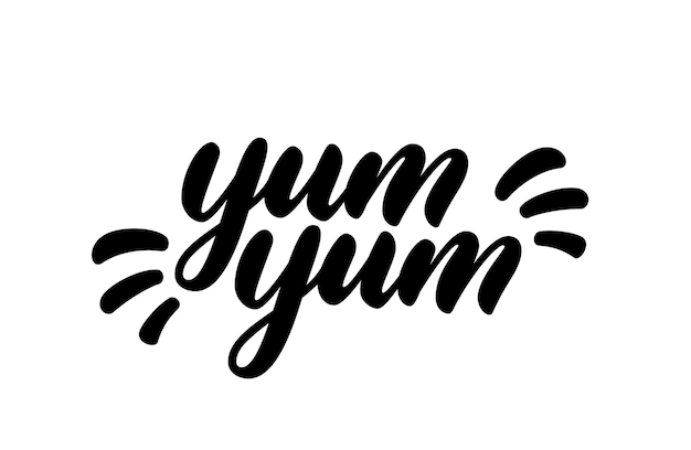 Texto de Yum Yum. Letras dibujadas a mano en estilo de dibujos animados. Diseño de logotipo vectorial. Diseño de texto doodle caligráfico para imprimir.