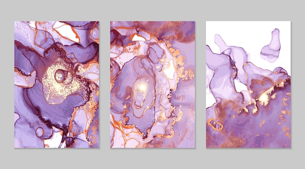 Textura abstracta de mármol morado y dorado en técnica de tinta de alcohol