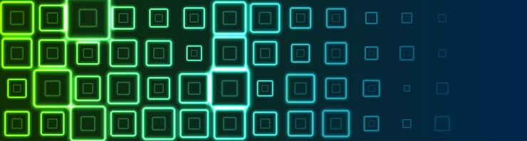 Vector textura brillante de cuadrados de neón bandeira abstracta con formas geométricas tecnológicas azules y verdes diseño de fondo vectorial iridescente brillante