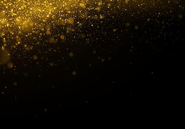 Textura brillante y elegante para navidad partículas de polvo amarillo dorado mágico brillante concepto dorado mágico fondo negro abstracto con efecto bokeh