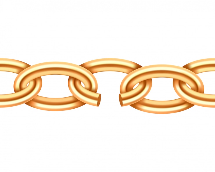Vector textura de cadena rota oro realista. enlace de cadenas demage de color amarillo aislado sobre fondo blanco. elemento de diseño tridimensional.