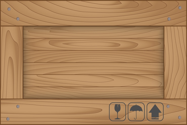 Vector textura de la caja de madera y símbolo frágil sobre fondo blanco