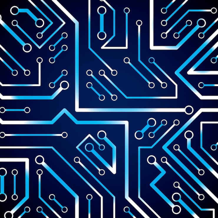 Vector textura cibernética futurista de placa de circuito con destellos, fondo vectorial de tecnología de comunicación de la información. diseño web de placa base de computadora.