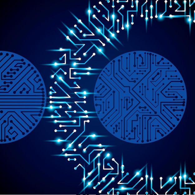 Vector textura cibernética futurista de placa de circuito con destellos, fondo vectorial de tecnología de comunicación de la información con efecto flash. diseño web de placa base de computadora.