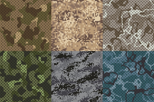 Textura de color caqui de camuflaje. conjunto de texturas de patrón de red de camuflaje de bosque y arena sin costura de tela del ejército