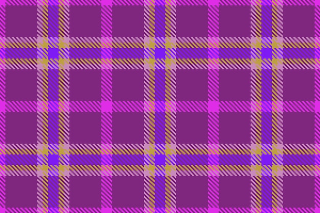 Textura a cuadros sin costura de tela tartan con un patrón de fondo textil vectorial en colores violeta y amarillo