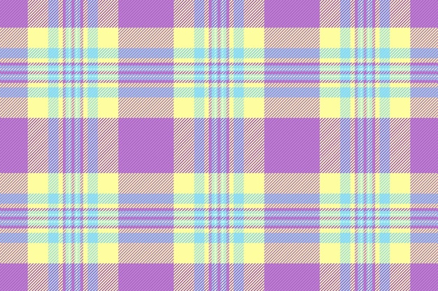 Textura femenina tela de ruta vectorial sin costuras textil tartan patrón de control de cuadros de fondo múltiple en colores púrpura y amarillo