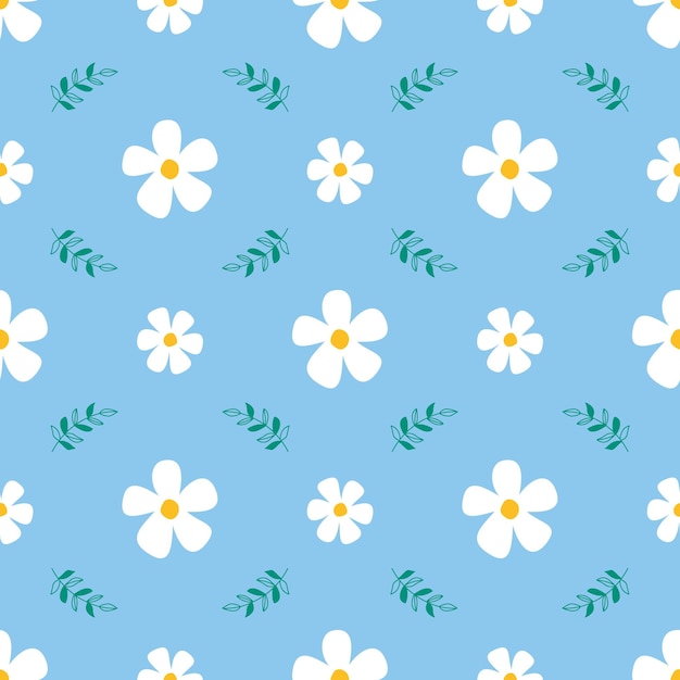 Textura floral moderna sin costuras con fondo azul y flores blancas