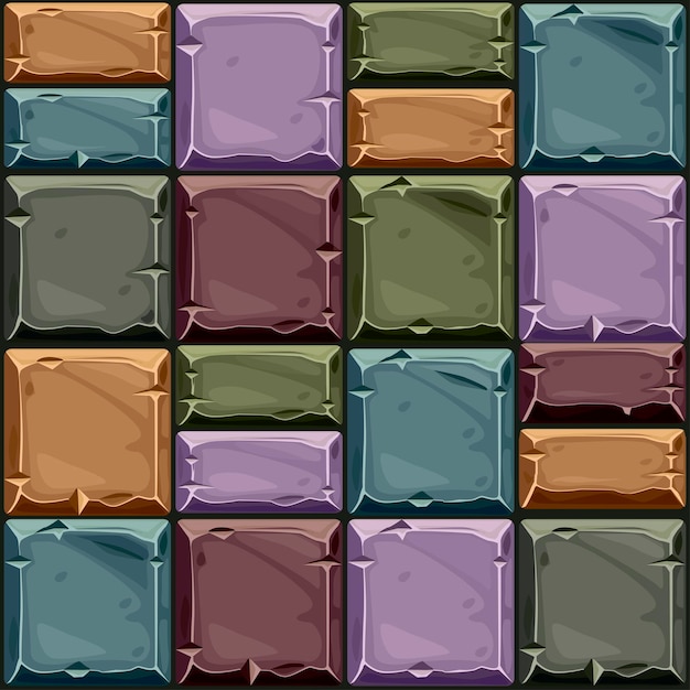 Textura fluida de piedra cuadrada coloreada, azulejos de la pared de piedra de fondo. Ilustración de vector de interfaz de usuario del elemento de juego