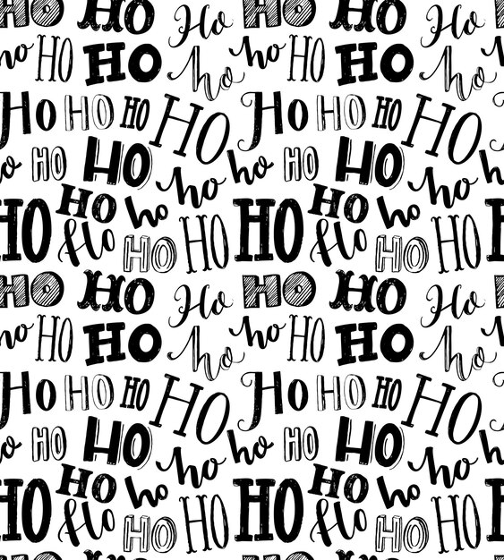 Textura fluida con la repetición de la palabra Ho escrita en diferentes estilos de tipografía hecha a mano. Papel de regalo de Navidad. Risa de Santa Claus. Patrón blanco y negro audaz.