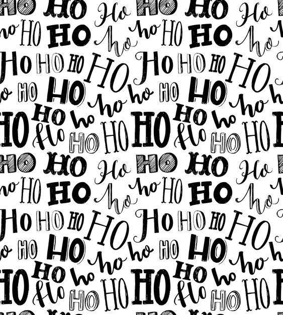 Textura fluida con la repetición de la palabra ho escrita en diferentes estilos de tipografía hecha a mano. papel de regalo de navidad. risa de santa claus. patrón blanco y negro audaz.