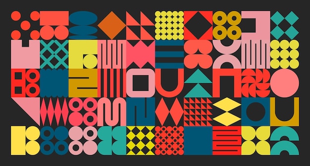 Textura geométrica con formas simples símbolos coloridos elementos primitivos y formas diseño retro