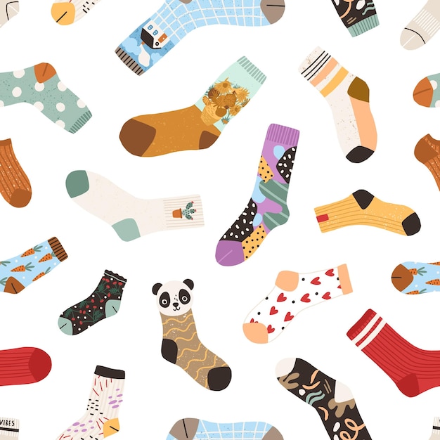 Textura sin inconvenientes con lindos calcetines coloridos de algodón y lana con diferentes dibujos, patrones, colores y diseños sobre fondo blanco. Telón de fondo interminable con prendas cálidas. Ilustración de vector plano.