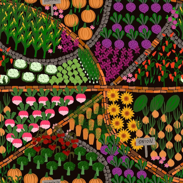 Vector textura de jardín patrón de jardinería sin fisurasplan de jardín y huerta verduras en el jardín