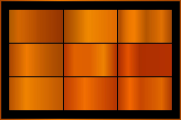 Textura de lámina de metal degradado brillante naranja Conjunto de muestras de color Colección de gradientes vectoriales de alta calidad Fondo metálico brillante Elemento de diseño