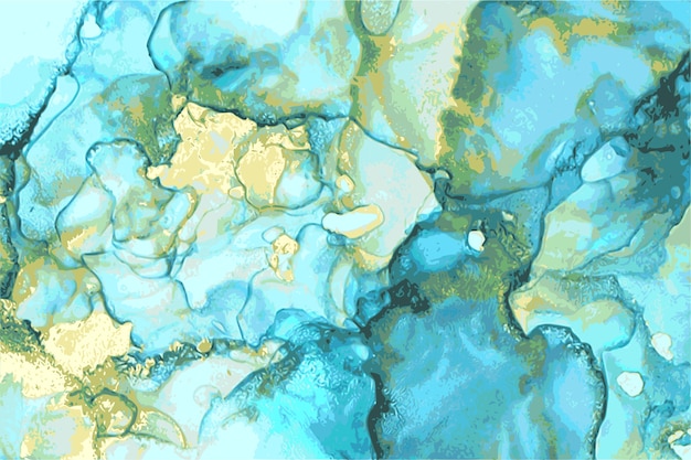 Vector textura de mármol de piedra abstracta azul, verde y oro en técnica de tinta de alcohol con brillo.