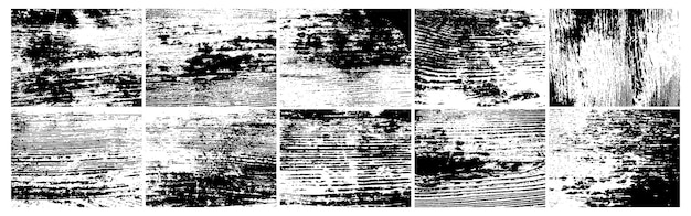 Textura monocromática de madera natural Grunge Conjunto de diez fondos abstractos de superposición de superficie de madera en blanco y negro Ilustración vectorial