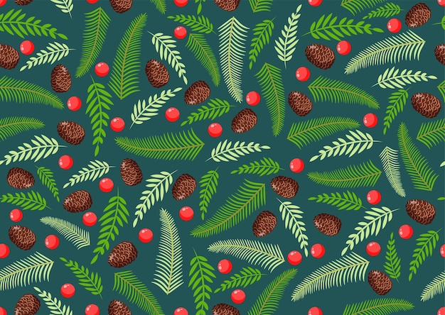 Textura navideña con conos de ramitas de pino natural y bayas ilustración vectorial de feliz navidad