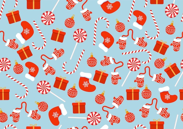 Textura navideña con dulces juguetes regalos calcetines y mitones ilustración vectorial de feliz navidad