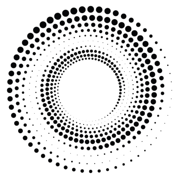 Textura negra redonda de medio tono con un remolino radial punteado o forma de tornado Círculo gradiente Estilo retro pop art