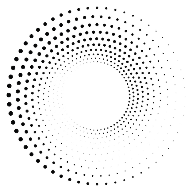 Textura negra redonda de medio tono con un remolino radial punteado o forma de tornado Círculo gradiente Estilo retro pop art