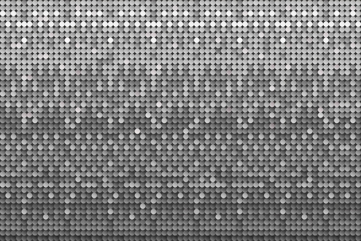 Vector la textura de la pañuela de plata es de fondo sin costuras, el patrón de paillette de cromo brillante es brillante, el fondo de vacaciones es brillante.