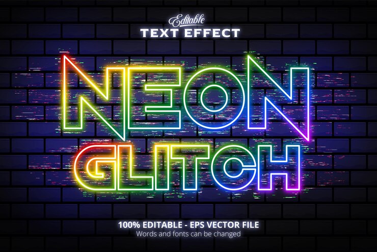 Vector textura de pared de efecto de texto editable y fondo colorido estilo de neón de texto glitch neon