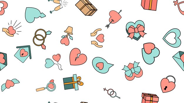 Textura de patrones sin fisuras de un conjunto de artículos de amor con corazones y regalos para la fiesta del amor